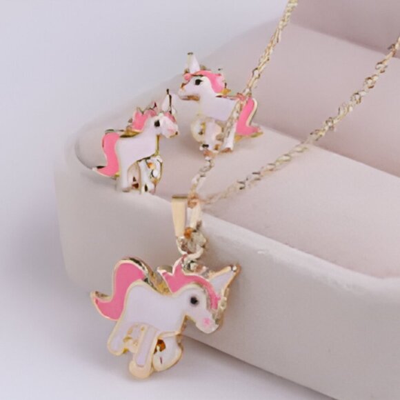 Pink & White Unicorn Women's Fashion Pendant Goldplated Necklace & Earrings Set - Picture 1 of 3